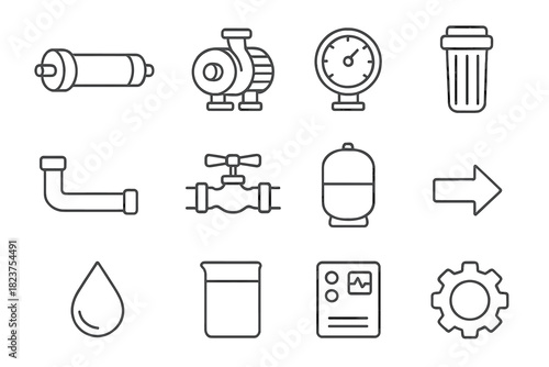Reverse Osmosis Icons. Line style icons of Reverse Osmosis: Membrane, Pump, Pressure Gauge, Filter; Pipe, Valve, Tank, Flow Arrow;