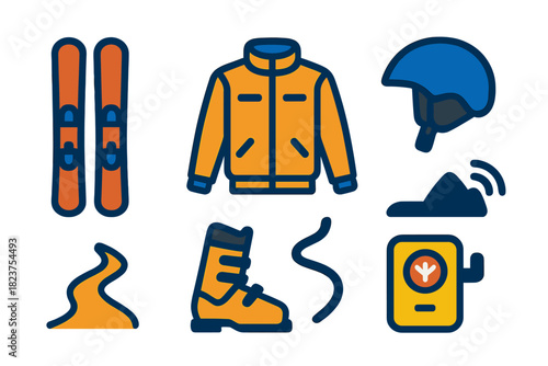 Minimalist Skiing Icons. Linear minimalistic skiing icon: downhill skis, ski boots, ski jacket, helmet, snow trail, avalanche