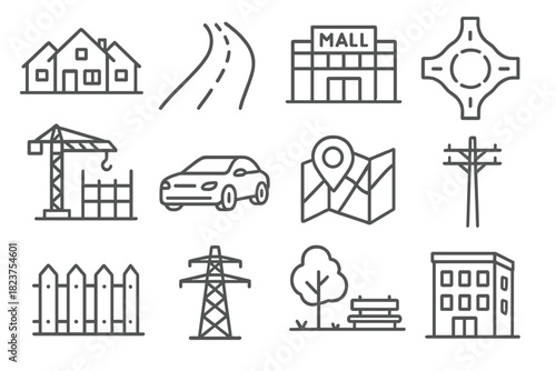 Urban Sprawl Icons. Line style icons of Urban Sprawl: suburban houses, highway, shopping mall, roundabout; construction site, car,