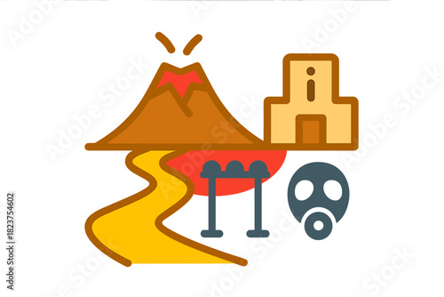 Volcanic Tourism Icons. Linear minimalistic volcanic tourism icon: visitor trail, lava hazard zone, helmet rack, info center,