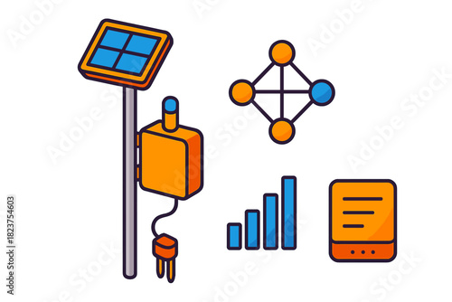 Smart Farming Technology. Isometric vector illustration set Smart farming – solar-powered sensor node, battery backup, charge