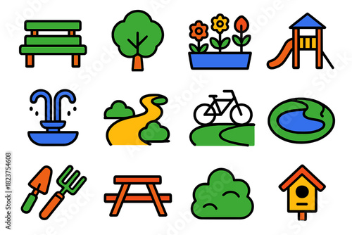 Green Space Icons. Flat vector icons of green spaces: park bench, tree, flower bed, playground, fountain, walking path, bike trail