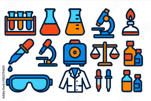 Colorful Lab Icons. Flat vector icons of laboratory equipment: test tube rack, flask, beaker, Bunsen burner, pipette, microscope,
