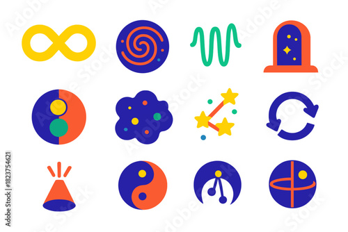 Metaphysical Icons Collection. Flat vector icons of metaphysics: infinity symbol, cosmic spiral, energy waves, abstract dimensions