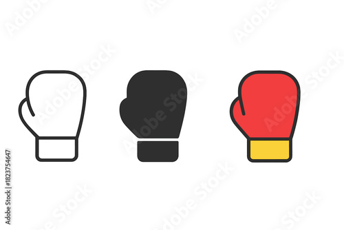 Boxing Gloves Icons. Minimalist boxing gloves icon: three identical boxing gloves in side view in a row, first in line style with