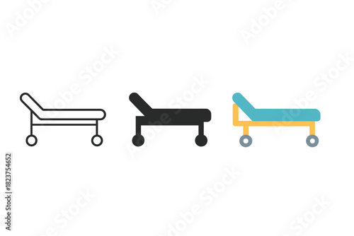 Minimalist Hospital Beds. Minimalist hospital bed icon: three identical beds with headrest and wheels in a row, first in line