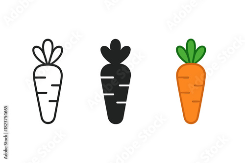 Minimalist Carrot Icons. Minimalist carrot vegetable icon: three identical carrots with leaves on top in a row, first in line