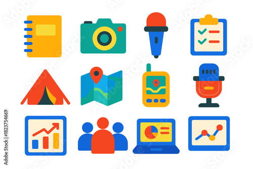 Ethnography Tools Icons. Flat vector icons of ethnography: notebook, camera, interview microphone, observation clipboard,
