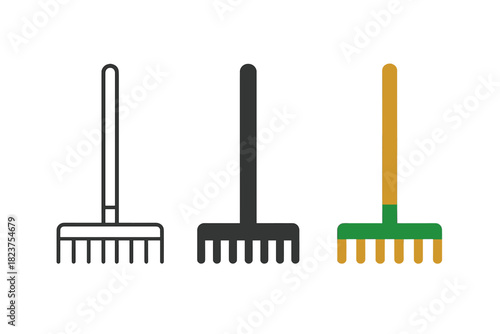 Minimalist Rake Icons. Minimalist rake garden icon: three identical rakes with long handles in a row, first in line style with