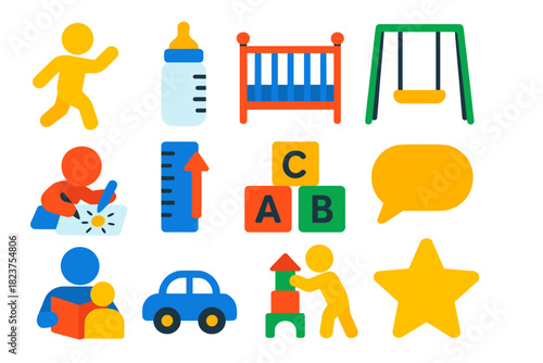 Vibrant Milestone Icons. Flat vector icons of developmental milestones: first steps, baby bottle, crib, playground swing, toddler
