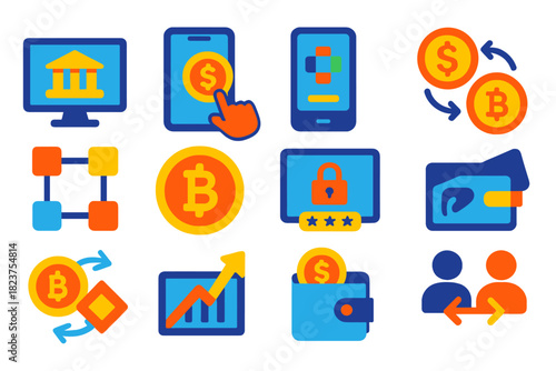 Digital Finance Icons. Flat vector icons of digital finance: online banking, mobile payment, fintech app, cryptocurrency exchange,