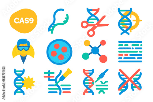 CRISPR Flat Icons. Flat vector icons of CRISPR technology: Cas9 enzyme, guide RNA, gene editing scissors, target DNA strand, lab