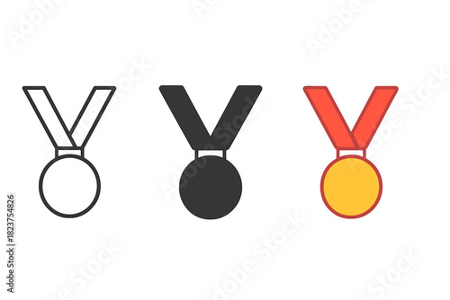 Medal Style Evolution. Minimalist medal sport icon: three identical round medals with ribbons in a row, first in line style with