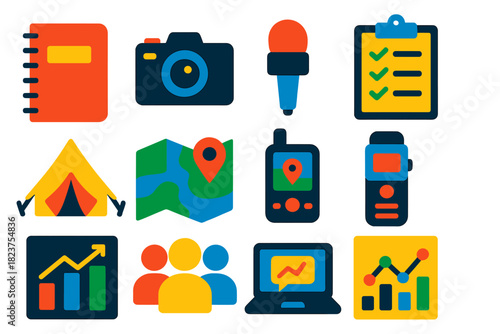 Ethnography Tools Icons. Flat vector icons of ethnography: notebook, camera, interview microphone, observation clipboard,