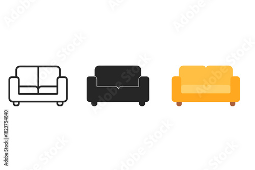 Minimalist Sofa Evolution. Minimalist sofa home icon: three identical sofas with armrests in a row, first in line style with thin