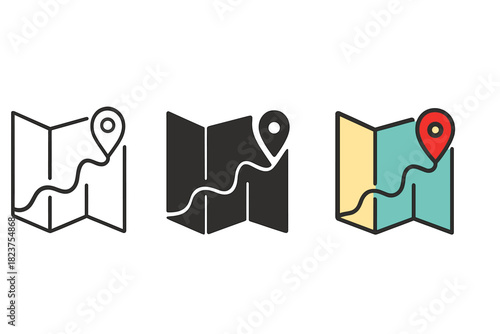 Minimalist Map Icons. Minimalist map navigation icon: three identical folded maps with simple route lines in a row, first in line