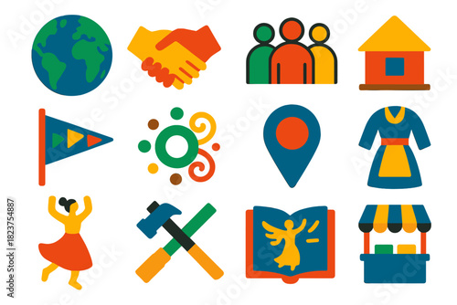 Global Culture Icons. Flat vector icons of global cultures: globe, handshake, community group, traditional house, festival flag,