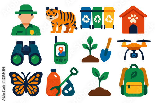 Wildlife Conservation Icons. Flat vector icons of wildlife conservation: forest ranger, endangered tiger, recycling bins, animal
