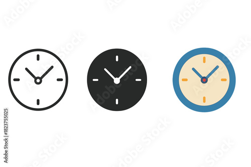 Minimalist Clock Trio. Minimalist clock home icon: three identical wall clocks with round faces in a row, first in line style with
