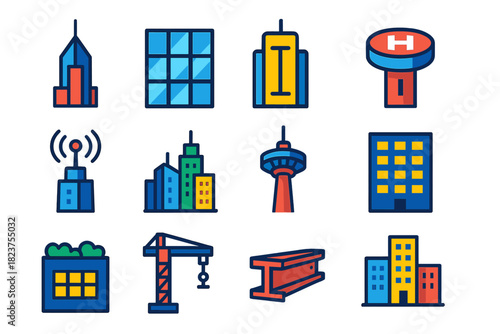 Modern Skyscraper Icons. Flat vector icons of skyscrapers: modern tower, glass facade, elevator shaft, rooftop helipad, antenna,