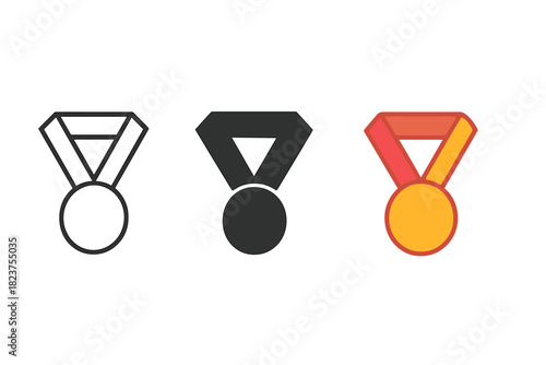 Medal Style Evolution. Minimalist medal sport icon: three identical round medals with ribbons in a row, first in line style with