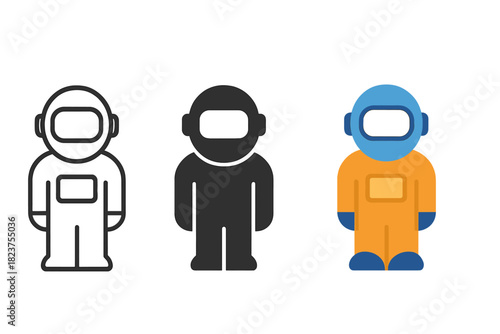 Minimalist Astronaut Trio. Minimalist astronaut icon: three identical astronauts with helmets in a row, first in line style with