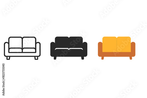 Minimalist Sofa Designs. Minimalist sofa icon: three identical two-seat sofas in a row, first in line style with thin outline,