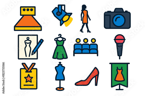 Fashion Show Icons. Flat vector icons of runway and modeling: catwalk stage, spotlight, model silhouette, camera, fashion sketch,