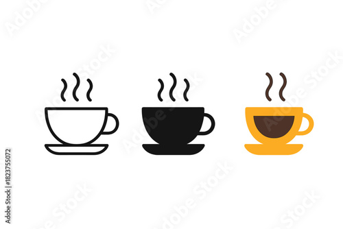 Minimalist Coffee Icons. Minimalist coffee breakfast icon: three identical steaming cups of coffee in a row, first in line style