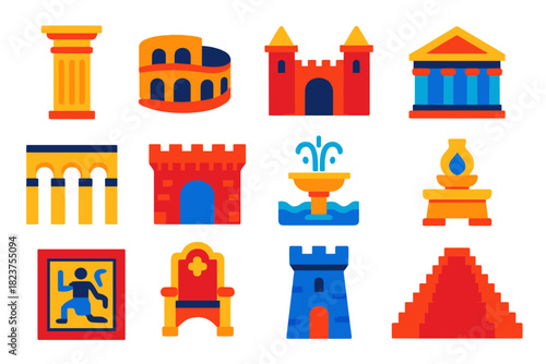 Ancient Architecture Icons. Flat vector icons of ancient architecture: stone column, amphitheater, palace gate, temple roof,