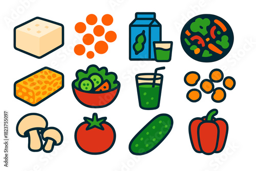 Vibrant Plant-Based Icons. Flat vector icons of plant-based diets: tofu block, lentils, soy milk, vegetable stir-fry, tempeh,
