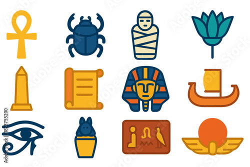 Egyptian Culture Icons. Flat vector icons of Egyptian culture: ankh, scarab beetle, mummy, lotus flower, obelisk, papyrus scroll,