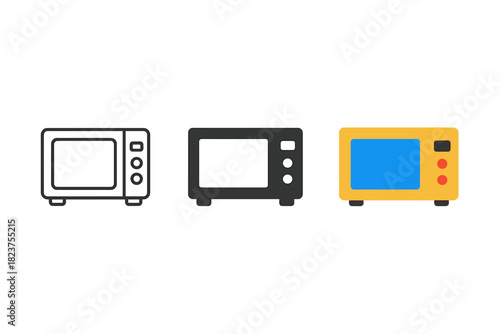 Minimalist Microwave Icons. Minimalist microwave kitchen icon: three identical microwaves with rectangular doors in a row, first