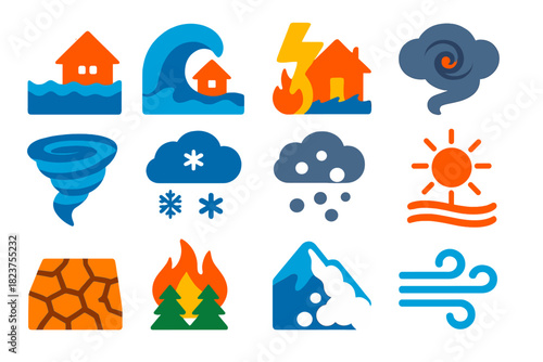 Extreme Weather Icons. Flat vector icons of extreme weather: flood, storm surge, lightning strike, hurricane cloud, tornado funnel