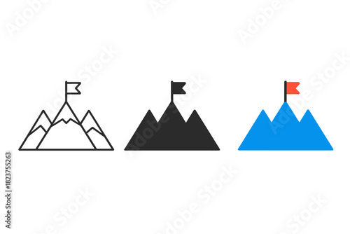 Stylized Mountain Icons. Minimalist mountain travel icon: three identical mountain peaks with a small flag on top in a row, first