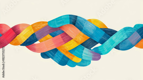 Colorful abstract composition of interlocking textured brushstroke-like bands flowing horizontally, evoking connection and harmony against light background