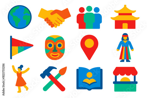 Global Culture Icons. Flat vector icons of global cultures: globe, handshake, community group, traditional house, festival flag,