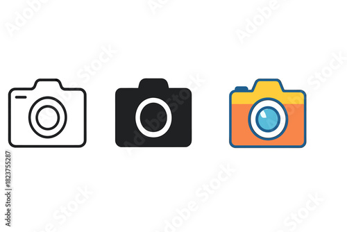 Photography Camera Icons. Minimalist photography hobby icon: three identical photo cameras with round lenses in a row, first in