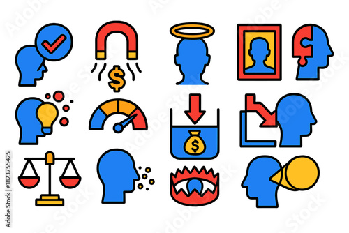 Cognitive Bias Icons. Flat vector icons of cognitive biases: confirmation bias, anchoring effect, halo effect, framing diagram,