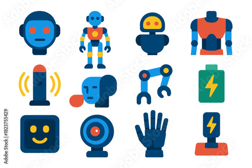 Colorful Robot Icons. Flat vector icons of humanoid robots: robot head, bipedal robot, AI companion, motion sensors, articulated