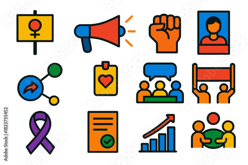 Political Activism Icons. Flat vector icons of political activism: protest sign, megaphone, raised fist, campaign poster, social