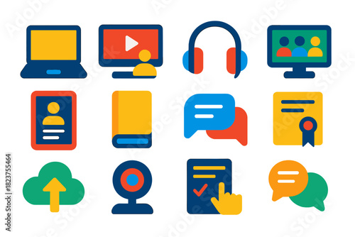 Online Learning Icons. Flat vector icons of online learning: laptop, video lecture, headphones, virtual classroom, tablet, e-book,
