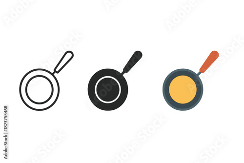 Frying Pans Trio. Minimalist pan cooking icon: three identical frying pans with handles in a row, first in line style with thin