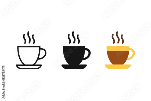 Minimalist Coffee Icons. Minimalist coffee breakfast icon: three identical steaming cups of coffee in a row, first in line style