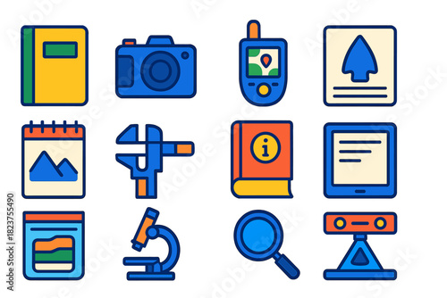 Research Tools Icons. Flat vector icons of research and documentation: field notebook, camera, GPS device, artifact labeling,
