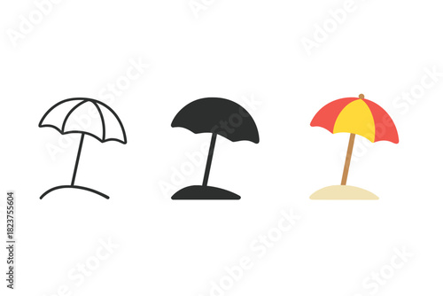 Minimalist Beach Umbrellas. Minimalist beach umbrella icon: three identical umbrellas with stands on sand in a row, first in line