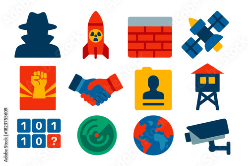 Cold War Icons. Flat vector icons of Cold War: spy silhouette, nuclear missile, Berlin Wall, satellite, propaganda poster,