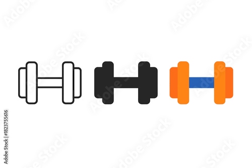 Dumbbell Icon Trio. Minimalist dumbbell sport icon: three identical dumbbells in side view in a row, first in line style with thin