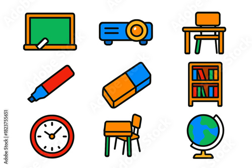 Classroom Tool Icons. Flat vector icons of classroom tools: blackboard, chalk, projector, desk, chair, whiteboard marker, eraser,
