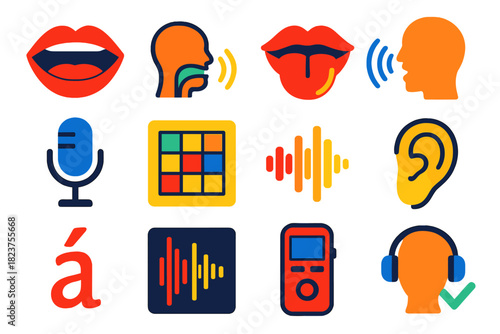 Phonetic Icons Collection. Flat vector icons of phonetics and pronunciation: mouth icon, tongue diagram, lips movement, speech